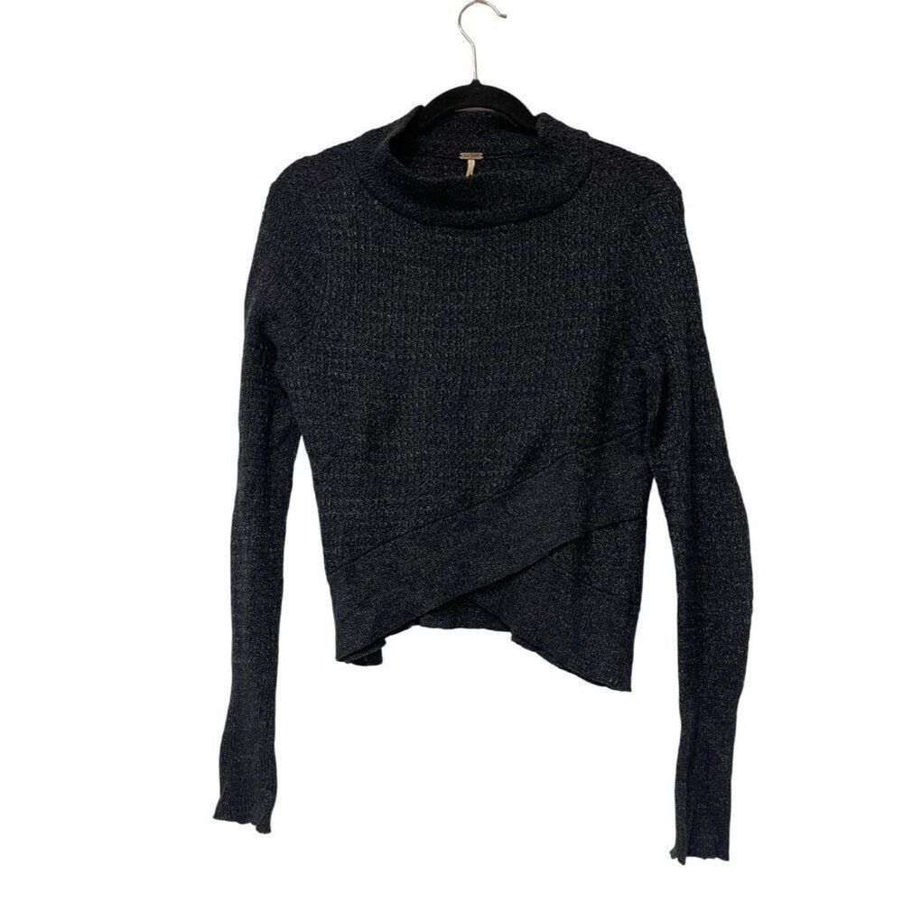 Free People Women Sweater Sz S Blue Gray Pullover Mock Neck Asymmetrical Hem
